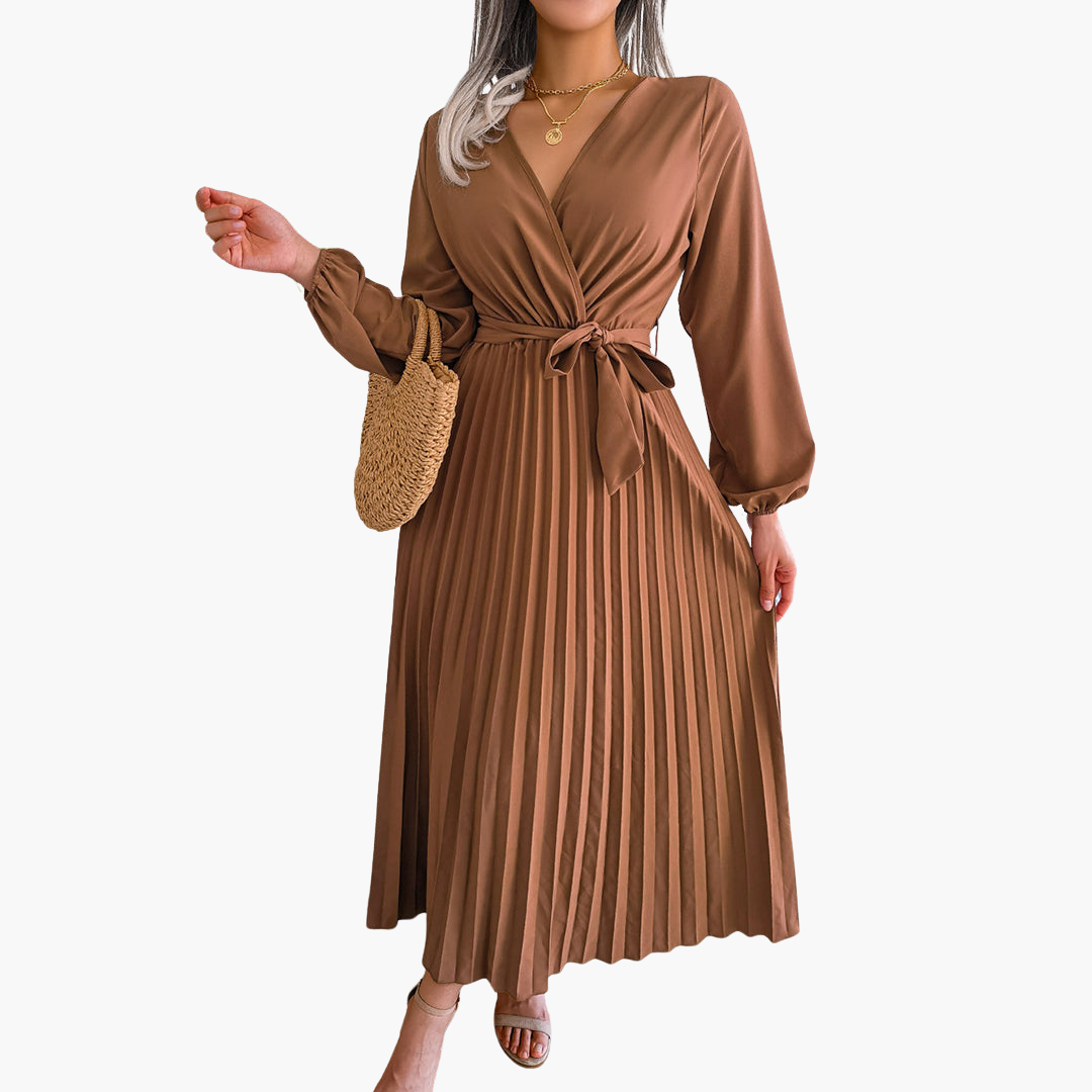 Stylish Women's Long Sleeve Maxi Dress - Flared Pleats