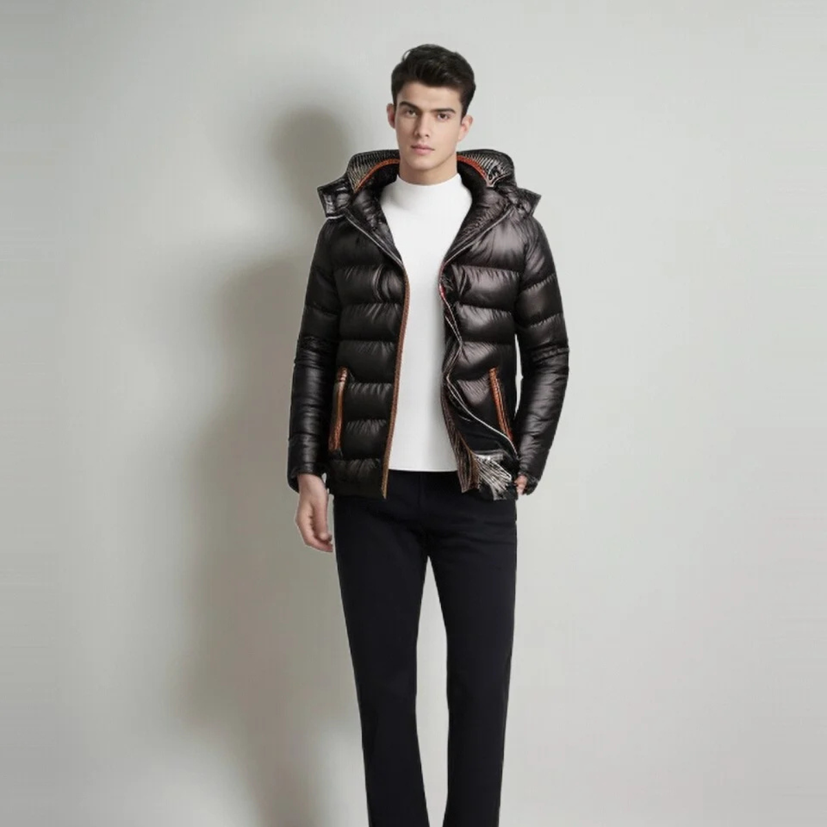 Warm Men's Quilted Black Puffer Hooded Jacket