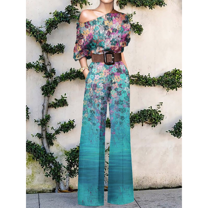 Women's One Shoulder Jumpsuit with Floral Print and Belted Waist