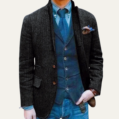 Classic Men's Black Wool Tweed Blazer Jacket