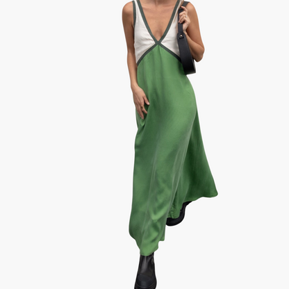 Casual V Neck Long Dress for Women Colorblock Style