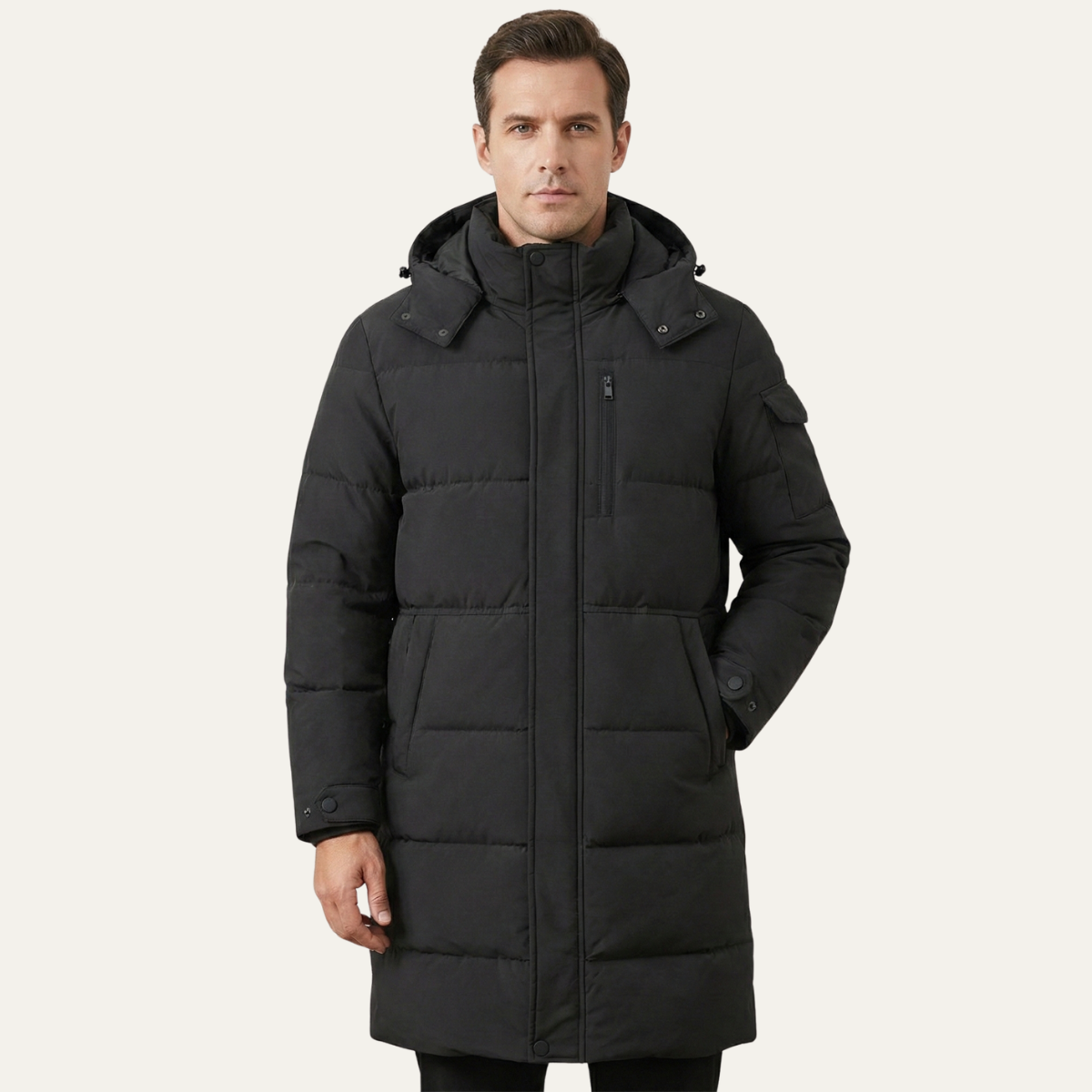 Warm Men's Black Down Parka Coat with Hood