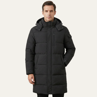 Warm Men's Black Down Parka Coat with Hood