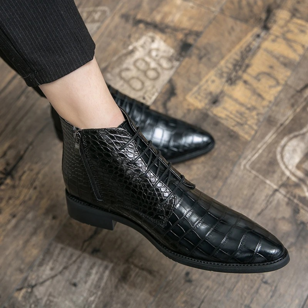Men's Black Alligator Print Leather Ankle Boots