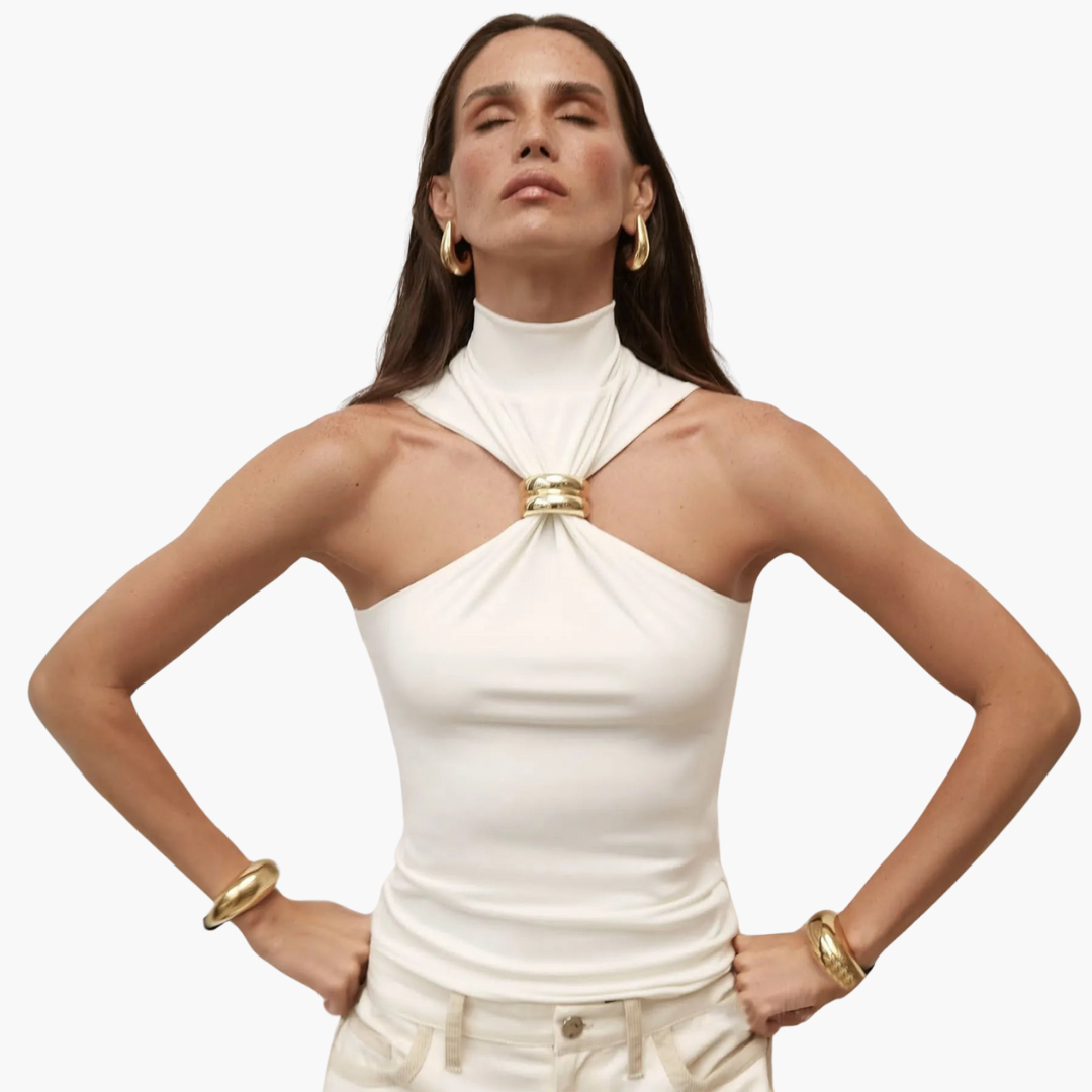 Elegant High Neck Halter Top for Women with Gold Detail