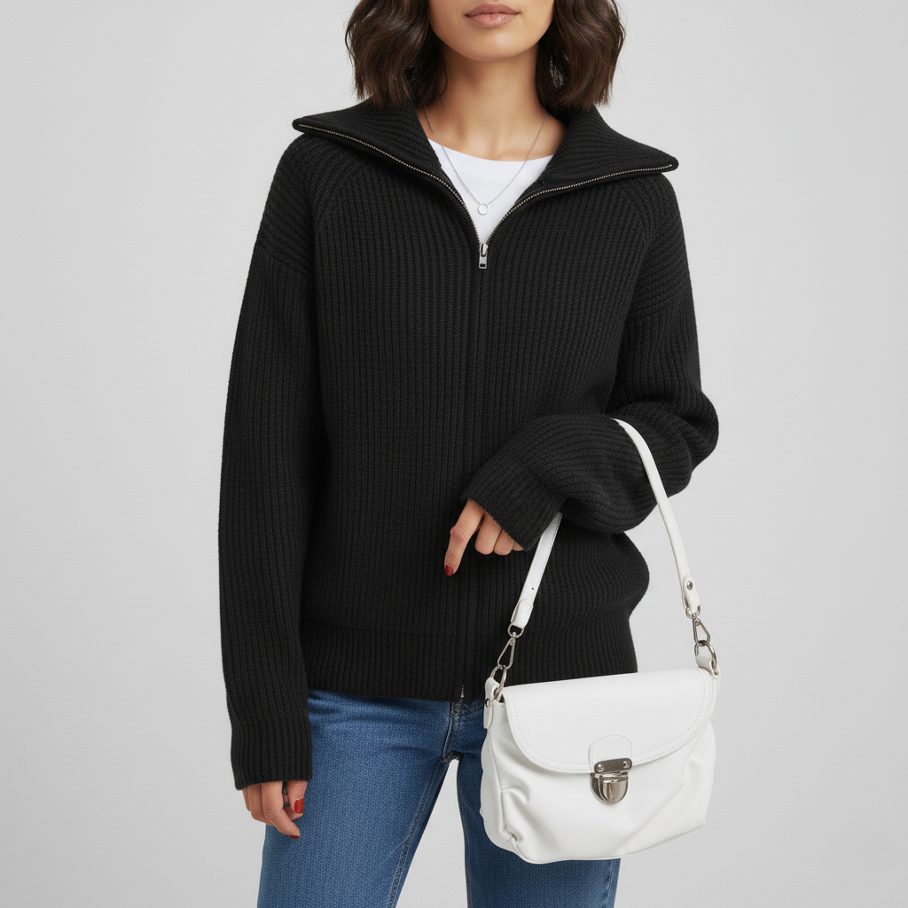 Women's Fit Cardigan Ribbed Zip Up Sweater