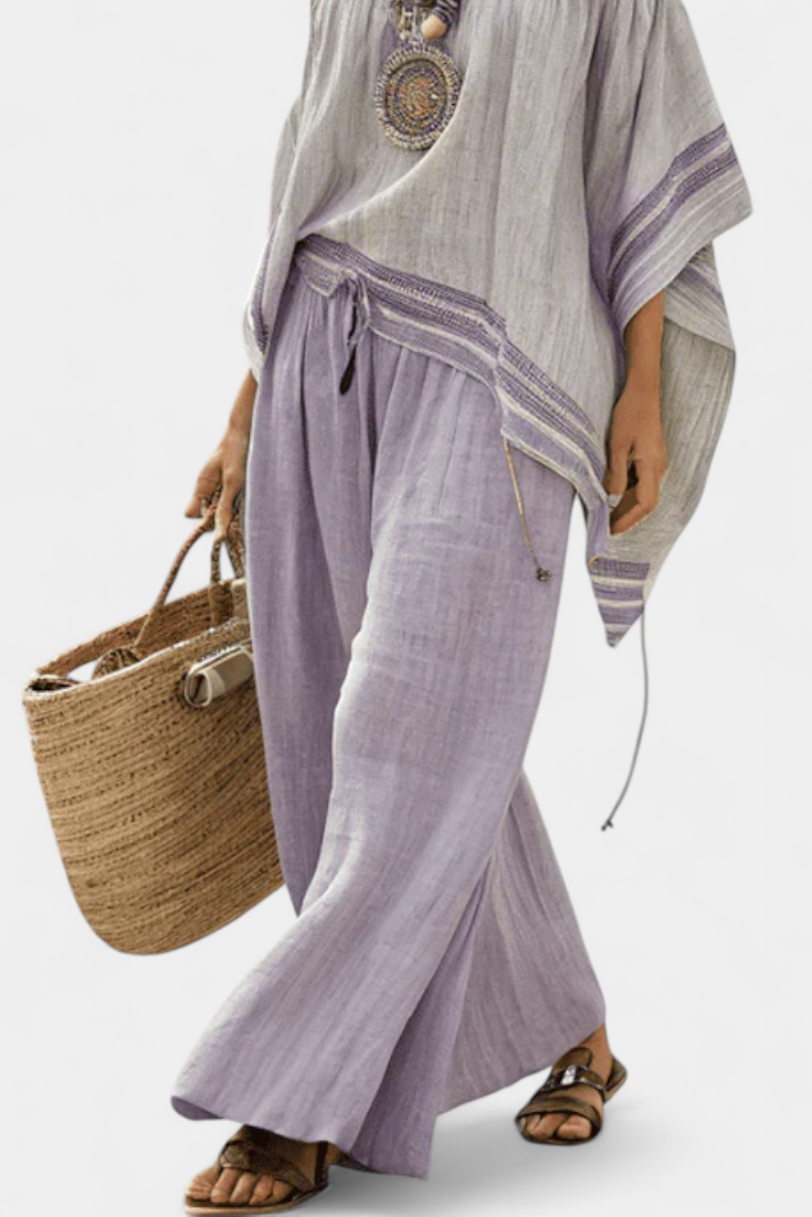 Chic Off-The-Shoulder Blouse & Flare Striped Trousers