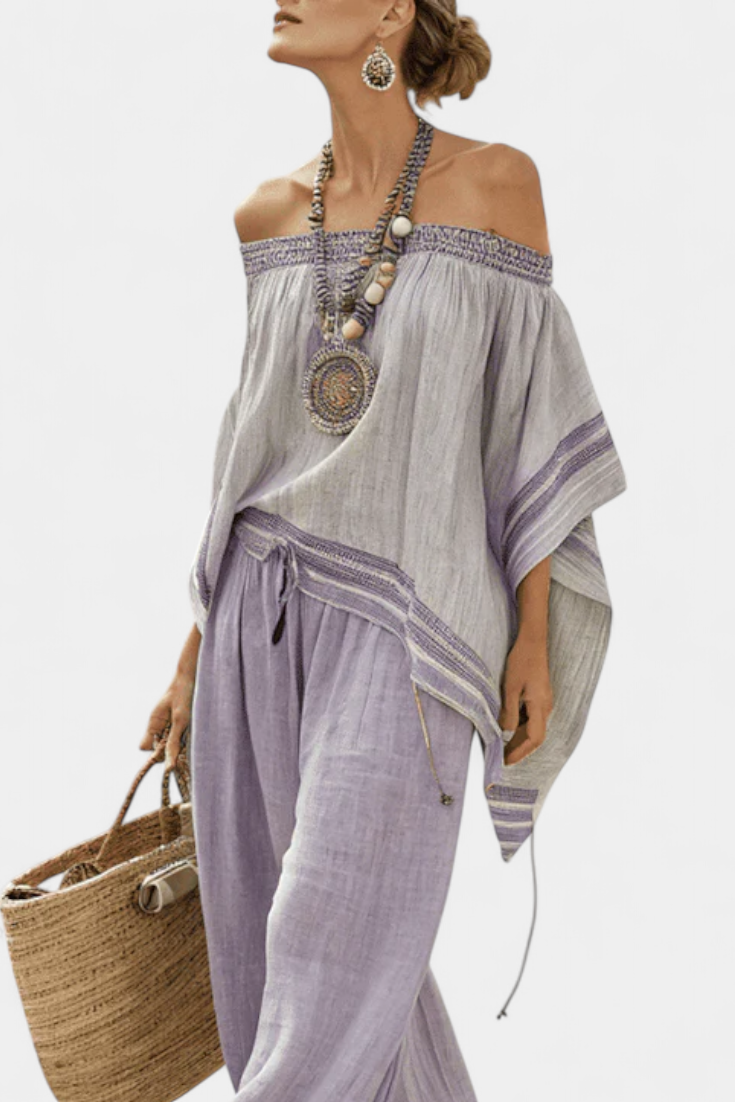 Chic Off-The-Shoulder Blouse & Flare Striped Trousers