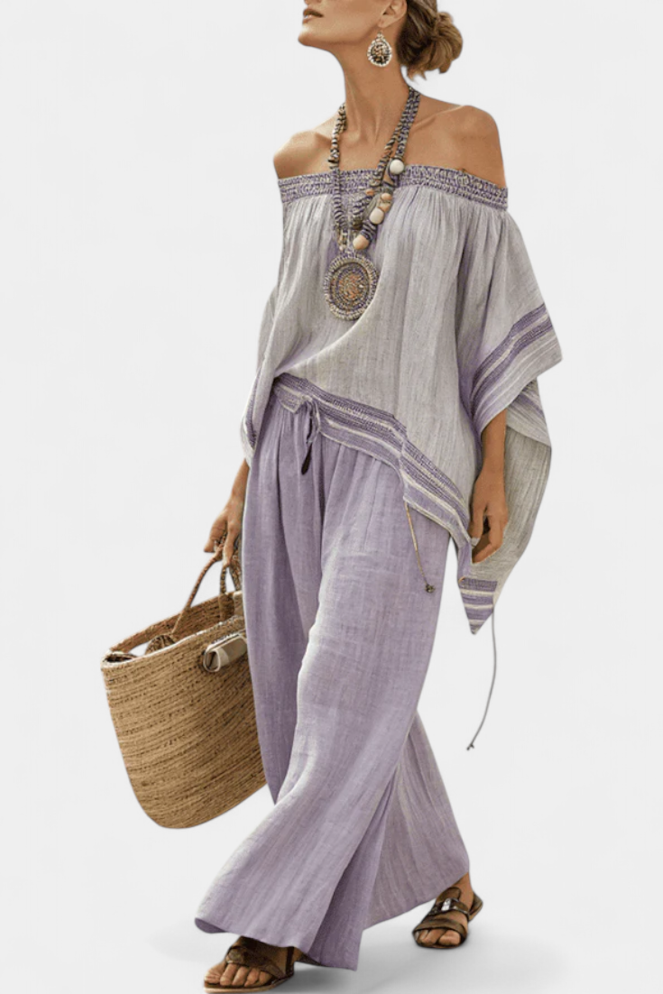 Chic Off-The-Shoulder Blouse & Flare Striped Trousers - Olytrend
