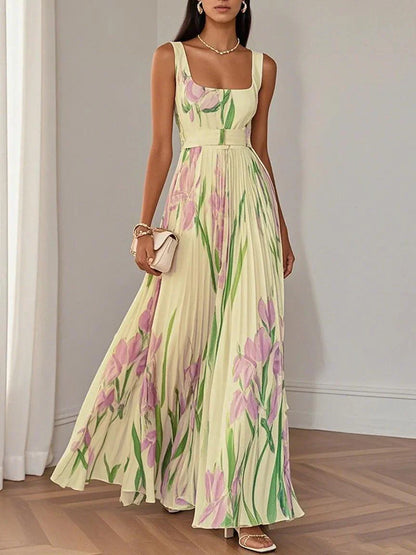 Women's Floral Maxi Dress with V Neck and Wide Straps