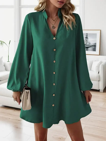 Casual Long Sleeve V Neck Women's Shirt Dress