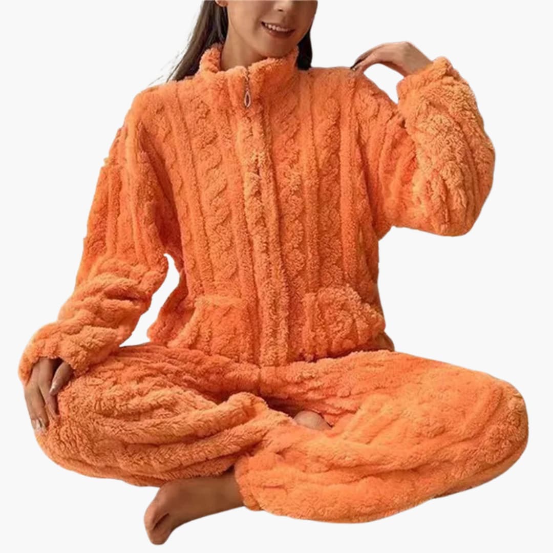 Cozy Women's Fleece Sleepwear Set with Zip Top and Legs