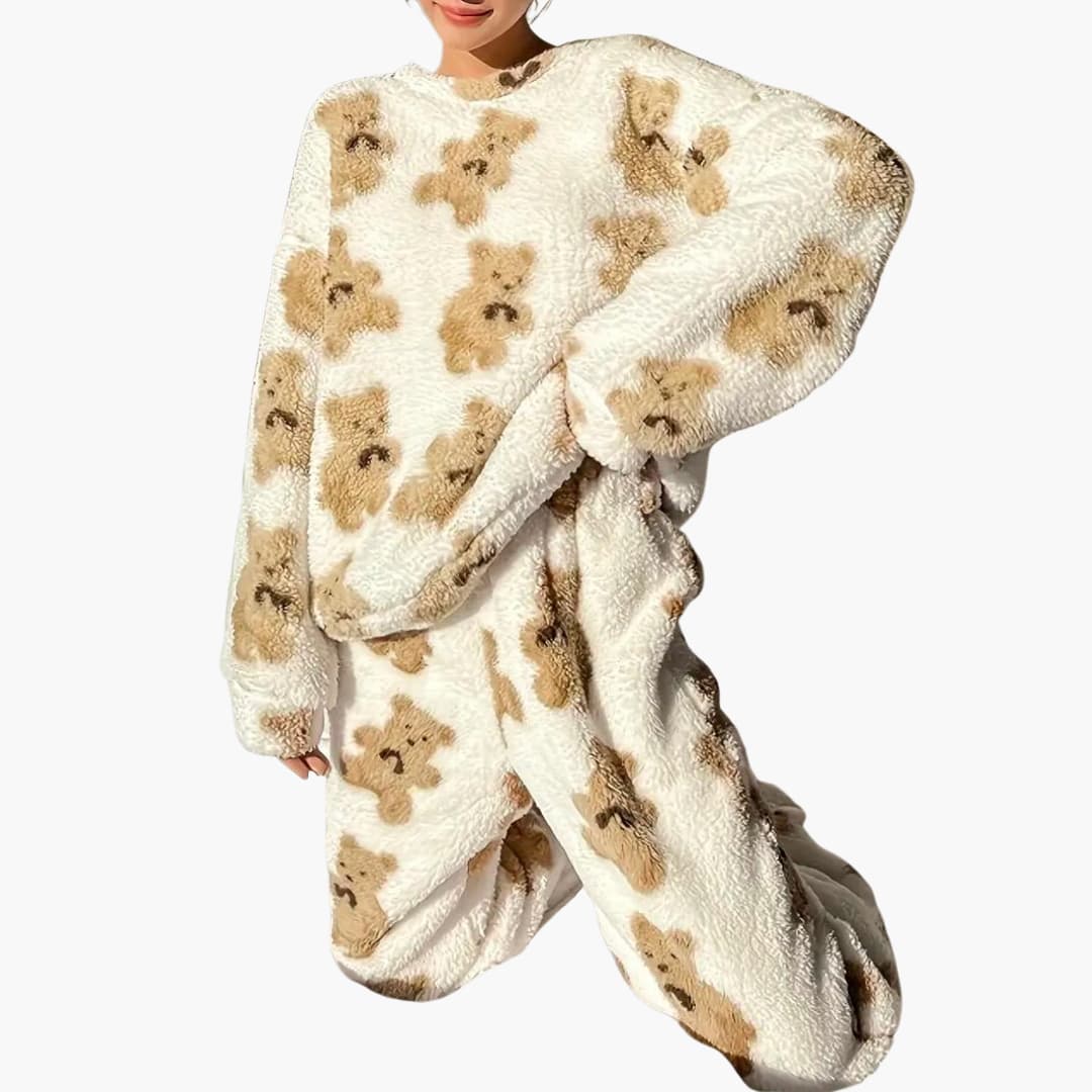 Cozy Women's Bear Print Pajama Set with Stretchy Waist