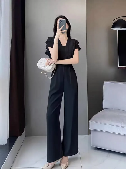 Flattering V-Neck Jumpsuit with Flowy Wide Leg Pants