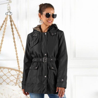 Waterproof Women's Parka Coat with Hood and Belt