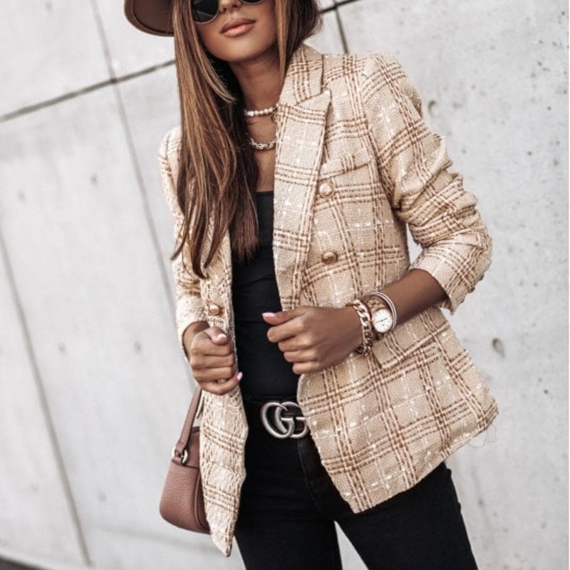 Women's Blazer - Tweed Pattern - Tailored Fit - Double Breasted