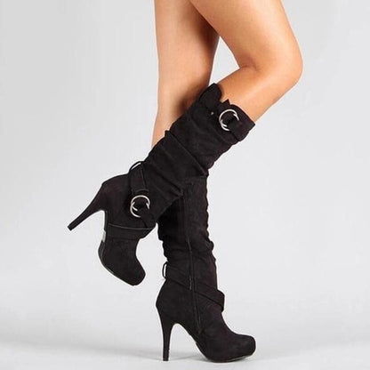 Trendy Tall Stiletto Boots with Buckle Details