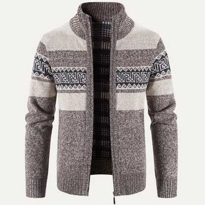 Cozy Patterned Crew Neck Knitted Cardigan for Men