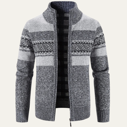Cozy Patterned Crew Neck Knitted Cardigan for Men