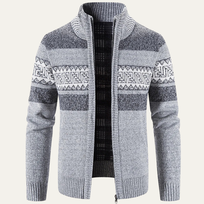 Cozy Patterned Crew Neck Knitted Cardigan for Men