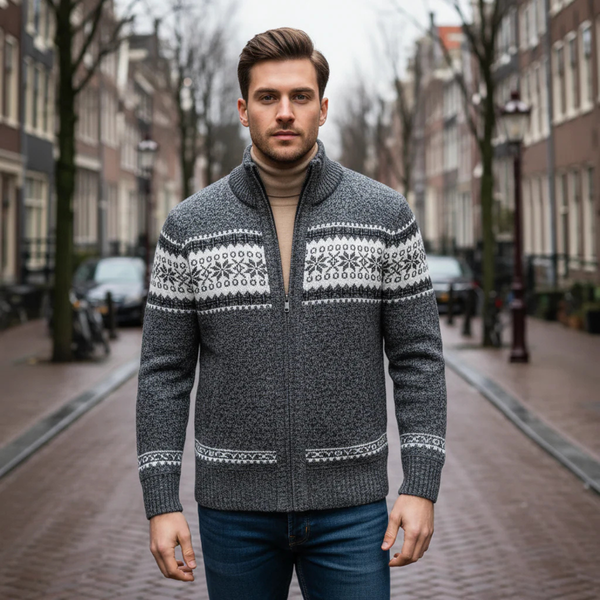 Warm Mens Nordic Pattern Crew Neck Sweater