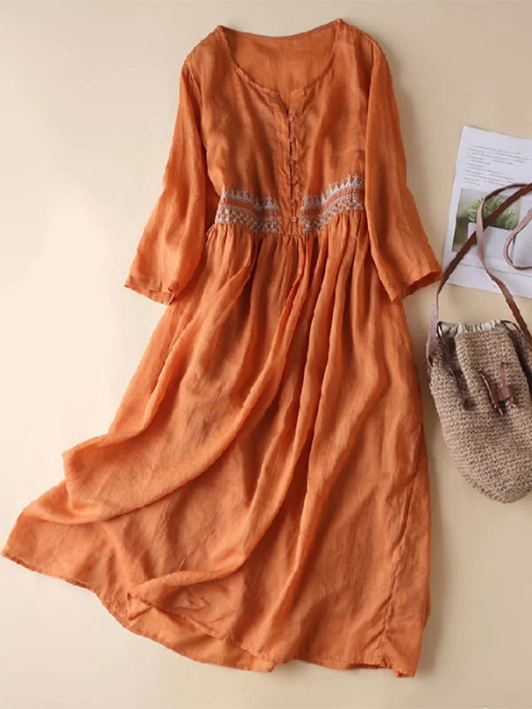Casual V-Neck Midi Dress with Embroidery and 3/4 Sleeves - Nocini