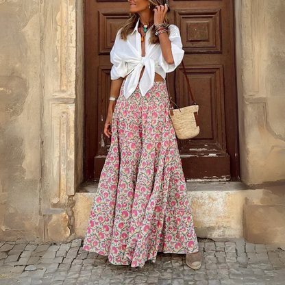 Flowy Floral Long Skirt with Pattern