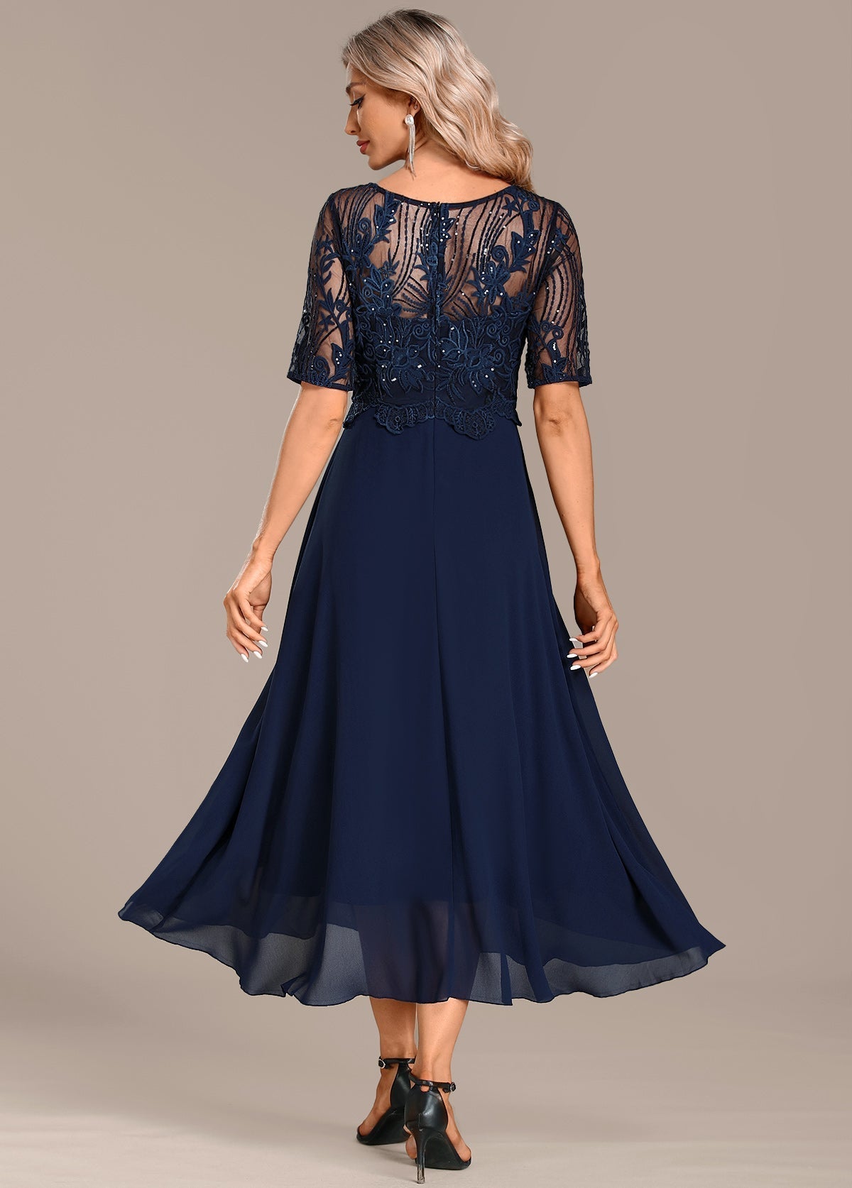 Navy Blue Lace Short Sleeved Round Neck Dress