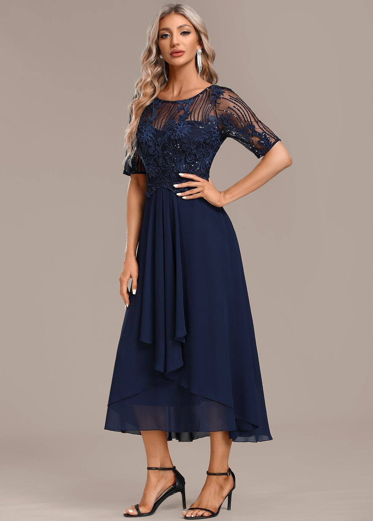 Navy Blue Lace Short Sleeved Round Neck Dress