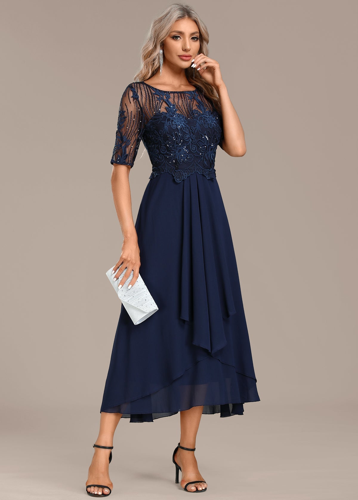 Navy Blue Lace Short Sleeved Round Neck Dress