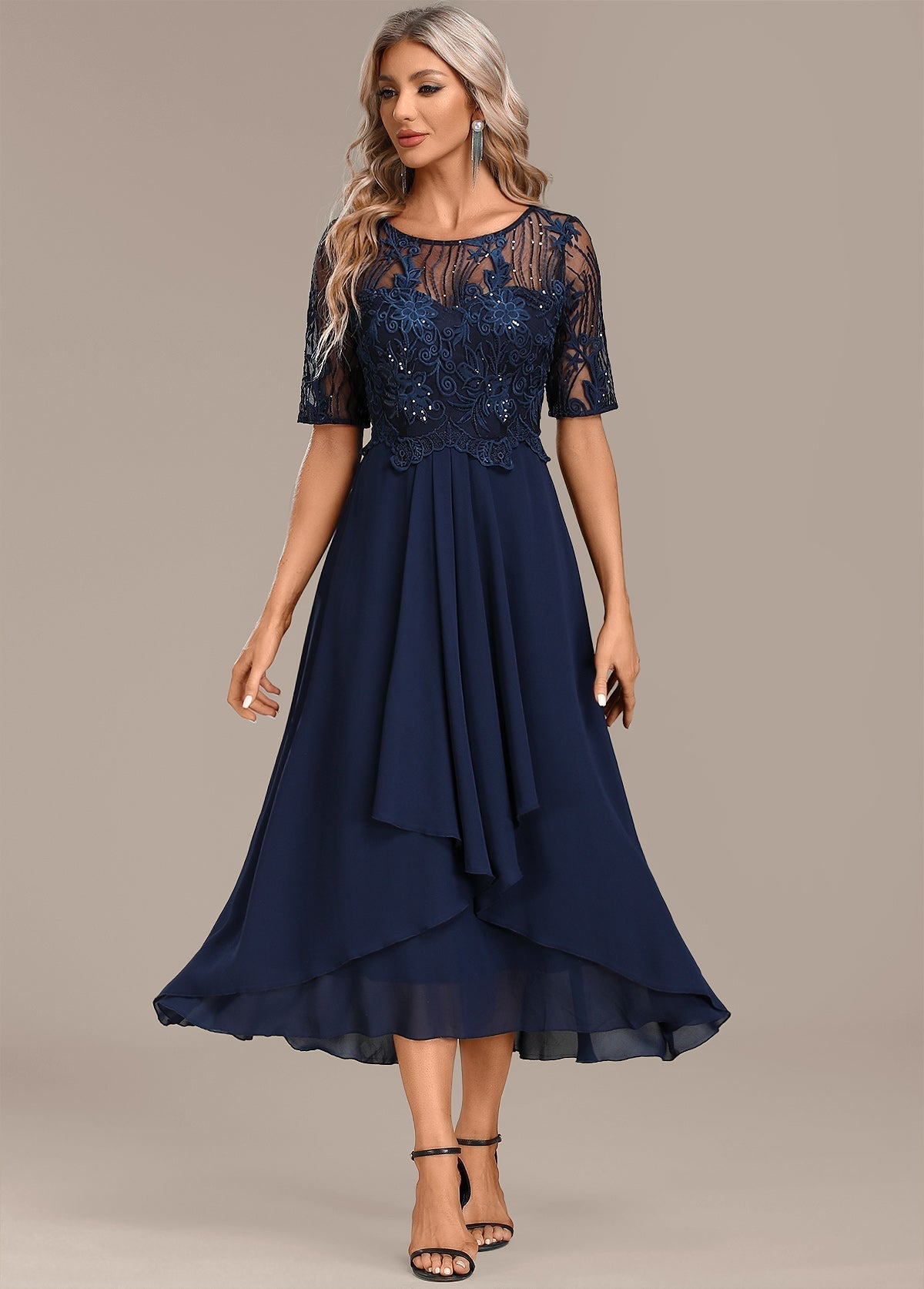 Navy Blue Lace Short Sleeved Round Neck Dress - Olytrend