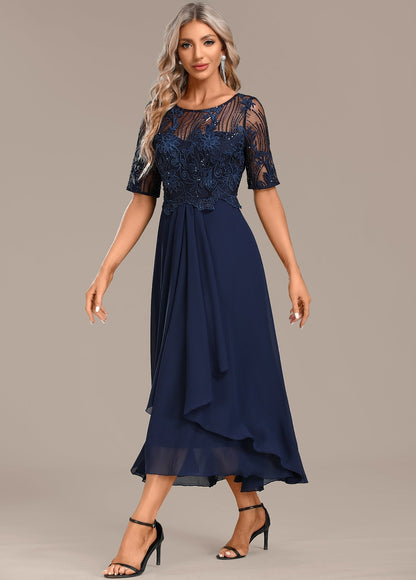 Navy Blue Lace Short Sleeved Round Neck Dress
