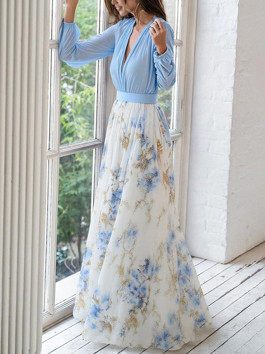 Women's Elegant V-Neck Floral Floor Length Maxi Dress