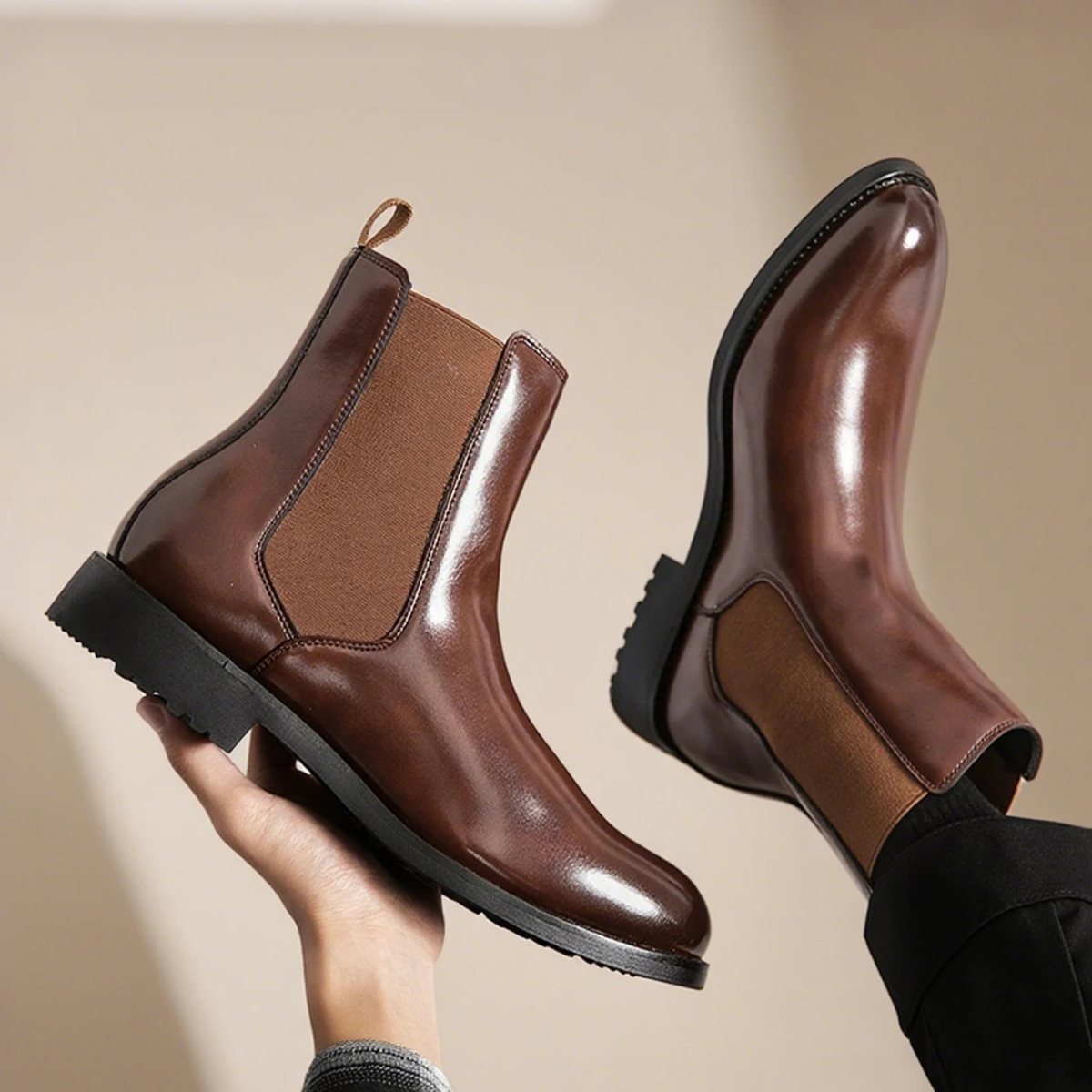 Men's Genuine Leather Slip On Ankle Boots with Stretch Sides