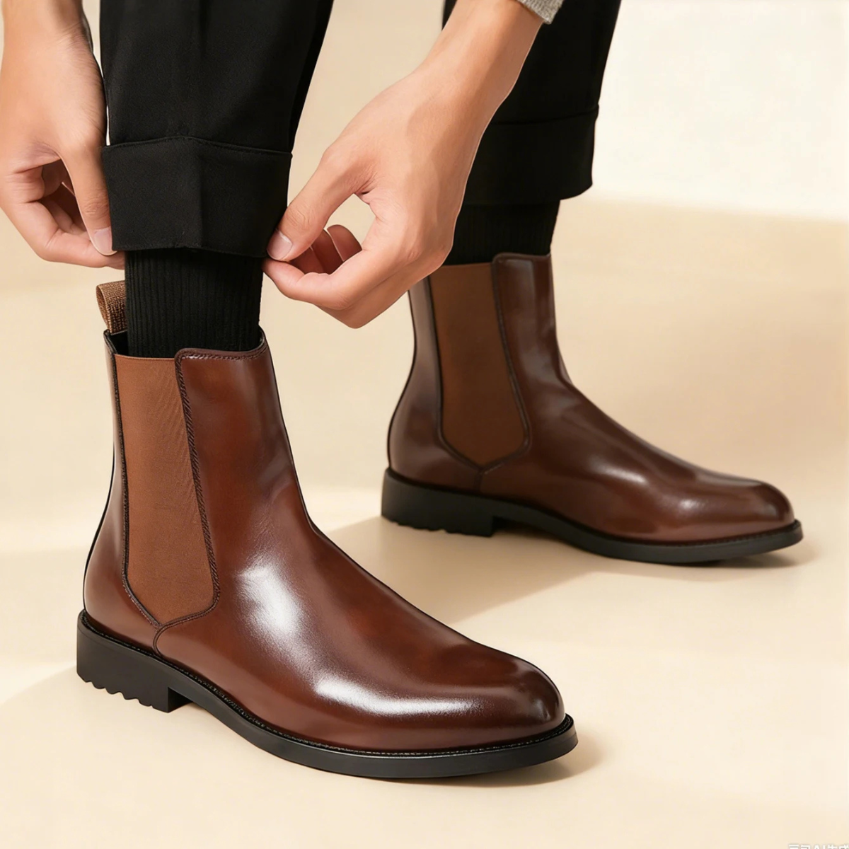 Men's Genuine Leather Slip On Ankle Boots with Stretch Sides