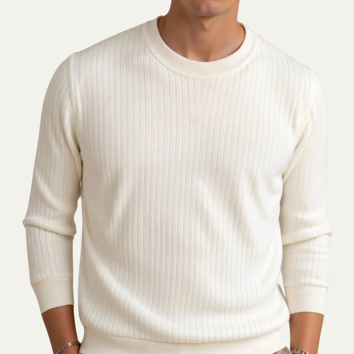 Classic White Textured Crew Neck Men's Sweater