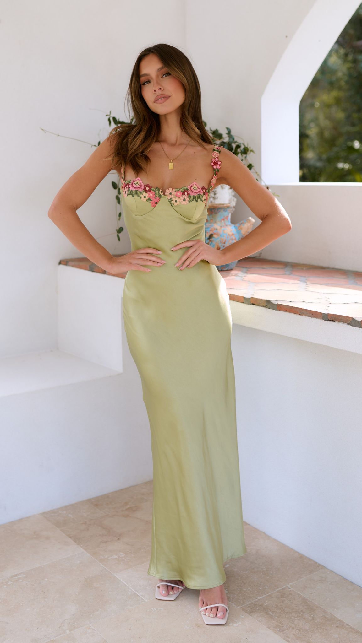 Women's V Neck Floral Maxi Dress with Embroidered Straps