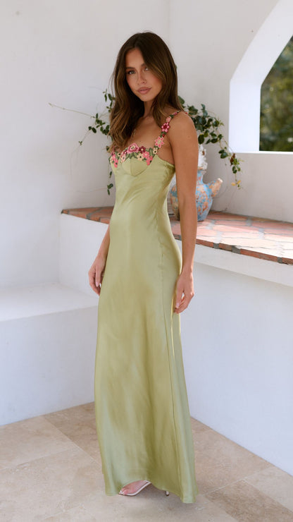 Women's V Neck Floral Maxi Dress with Embroidered Straps