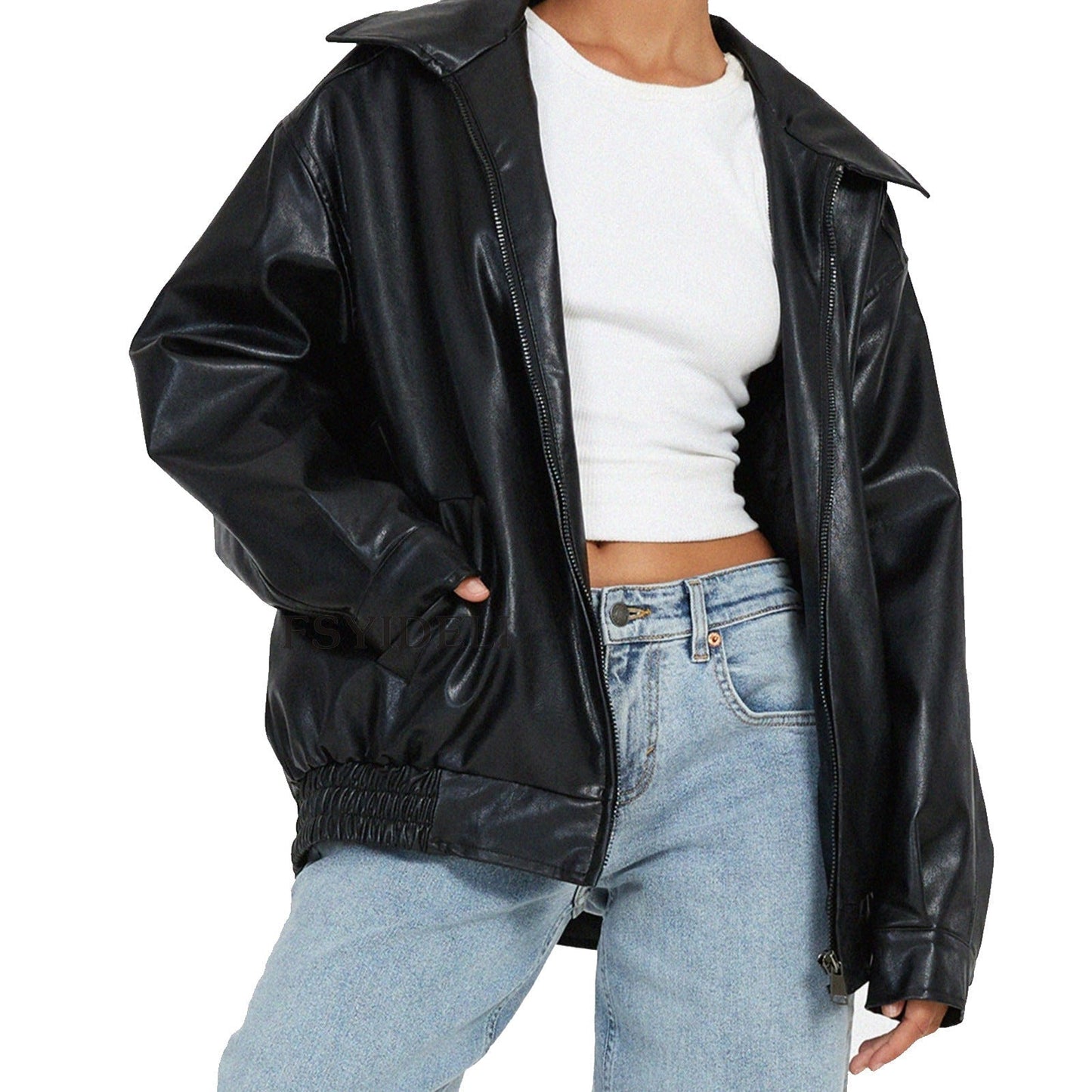 Rue | Women's Chic Large Leather Aviator Jacket