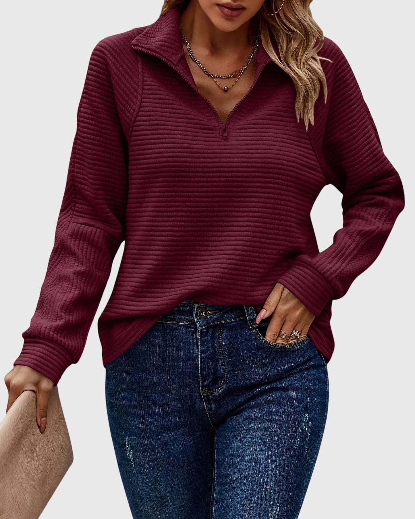 Classic Crew Neck Zip Up Sweater