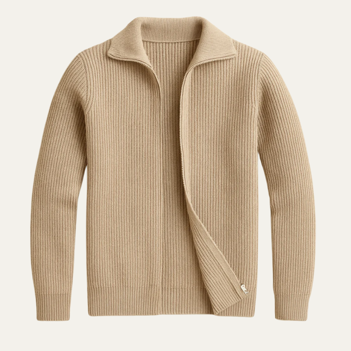 Warm Beige Mens Merino Wool Zip Cardigan