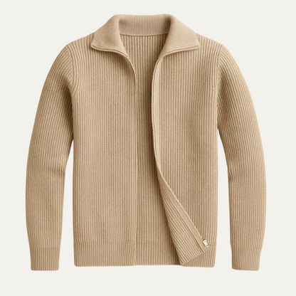 Warm Beige Mens Merino Wool Zip Cardigan