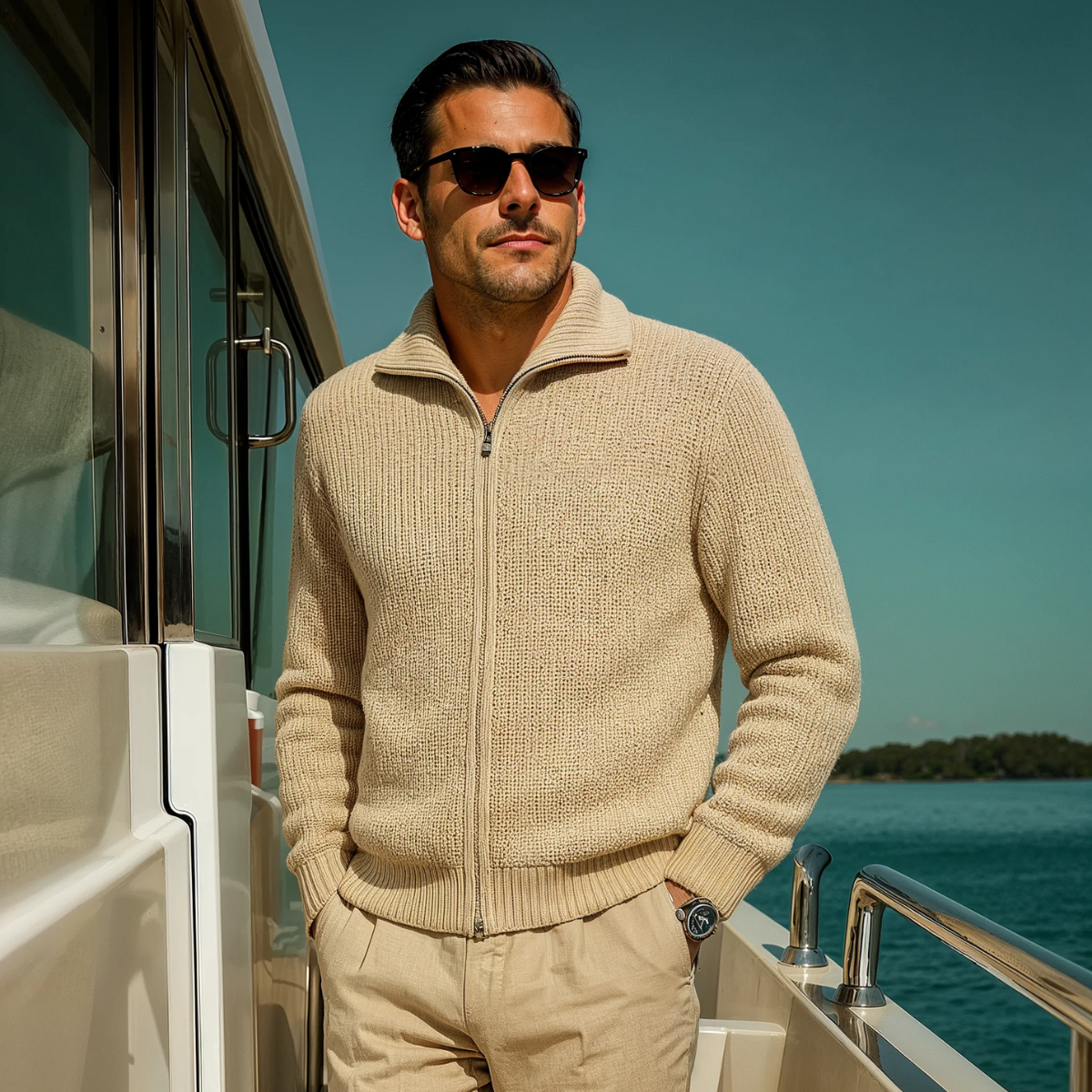 Warm Beige Mens Merino Wool Zip Cardigan