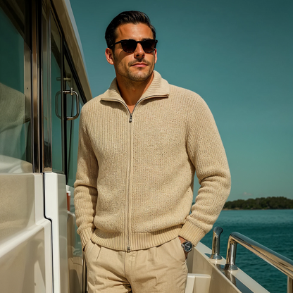 Warm Beige Mens Merino Wool Zip Cardigan