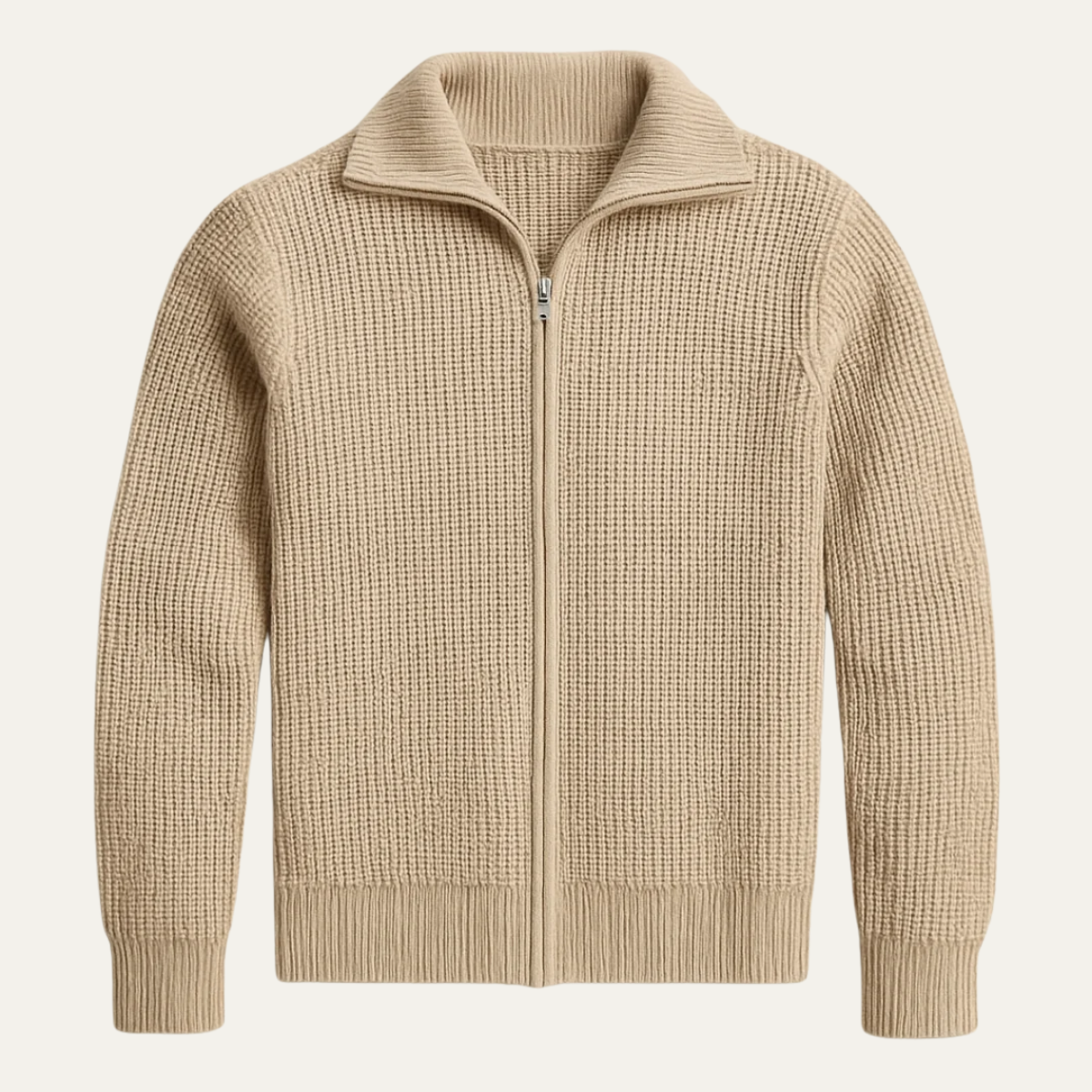 Warm Beige Mens Merino Wool Zip Cardigan - Nocini