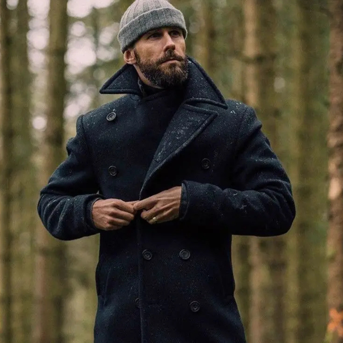 Classic Double Breasted Mens Black Wool Coat