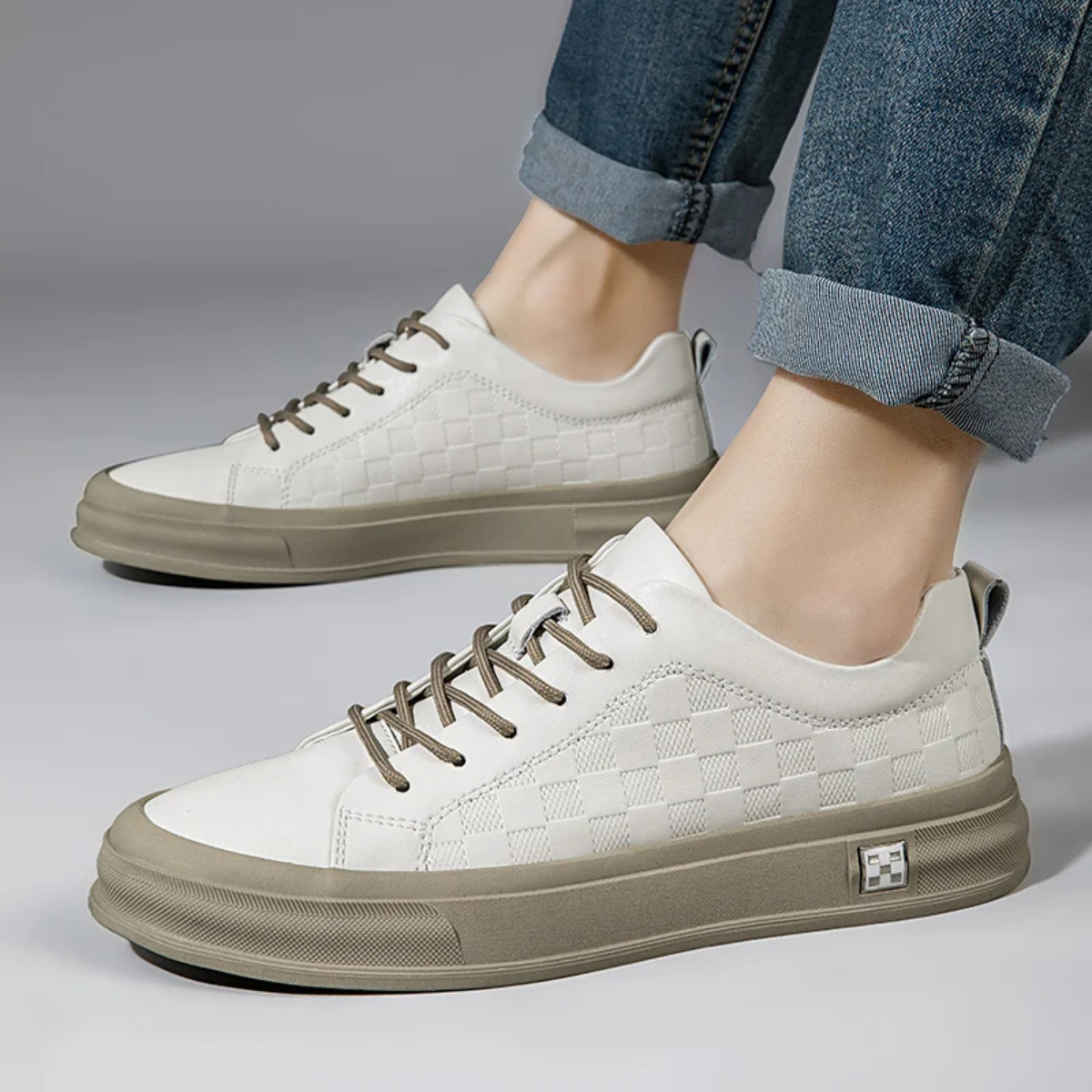 Casual Checkerboard Low Top Beige Sneakers for Men