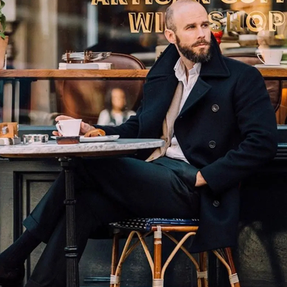 Classic Double Breasted Mens Black Wool Coat