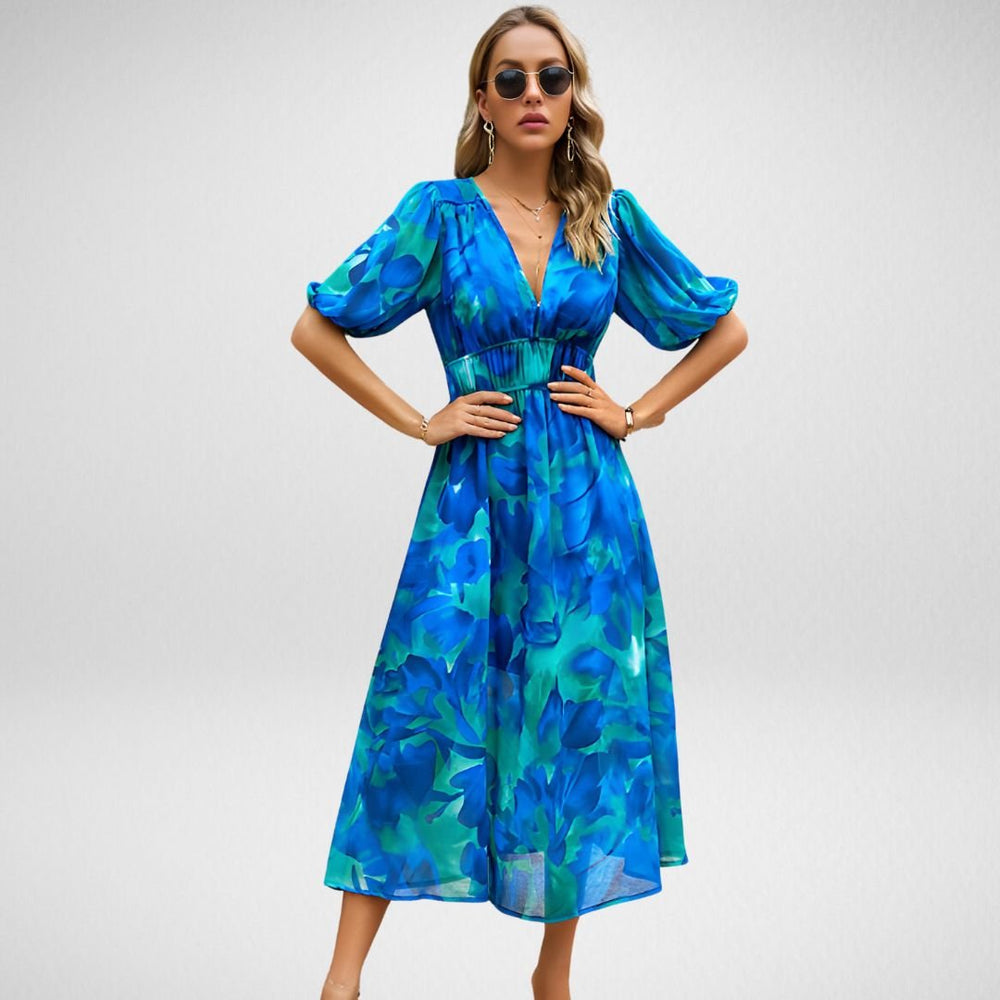 Casual V Neck A Line Mini Dress Abstract Pattern