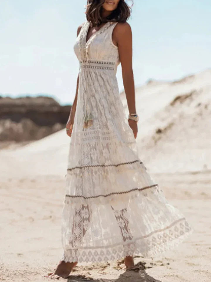 Flowy Long Dress with Lace and Bell Sleeves